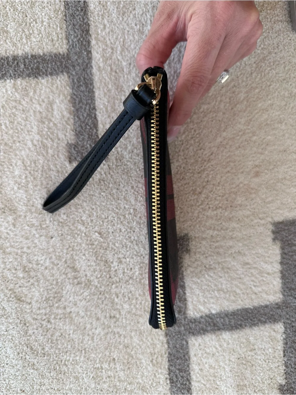 Coach Red and Black Plaid Signature Zip Wristlet
